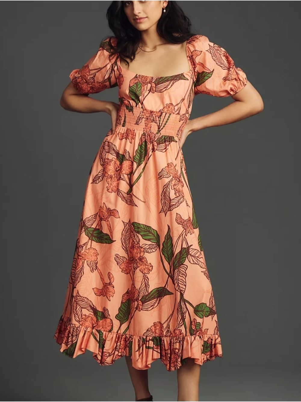 Hutch Anthropologie Coral Floral Lora Short Sleeve Floral Midi Dress XXS